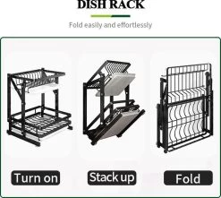 TammaT - Afdruiprek Met Lekbak 2 Laags – Inklapbaar - Afwasrek – Met 2 Lekbakken – Extra Accessories Voor Servies En Snijplanken - RVS - 38x35x26,5cm -Afwasgereedschap Winkel 1200x1076