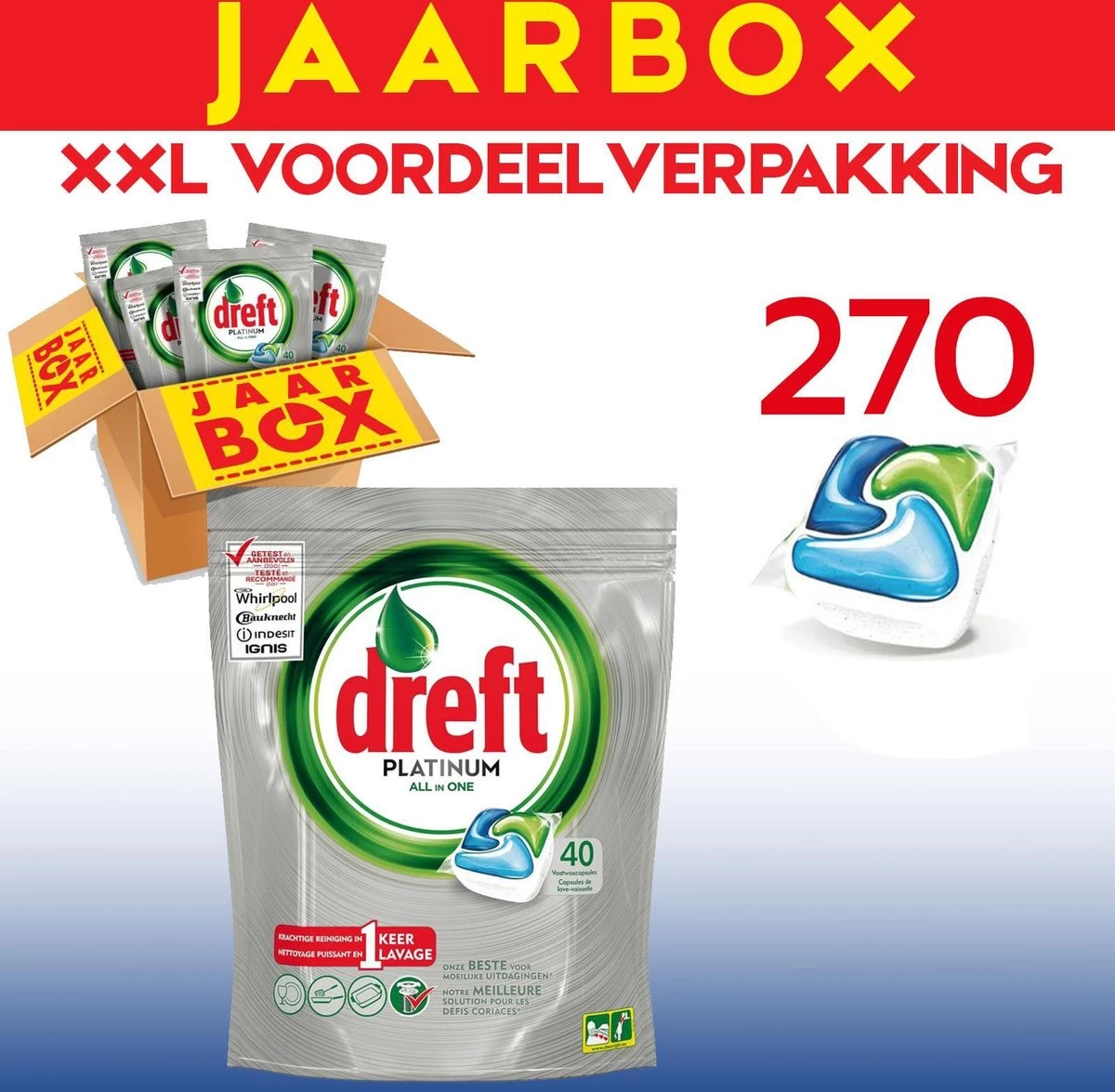 Dreft All In One Platinum - 270 Stuks - Vaatwastabletten - Jaarbox - Voordeelverpakking 5 Dreft All In One Platinum - 270 Stuks - Vaatwastabletten - Jaarbox - Voordeelverpakking - Afbeelding 3