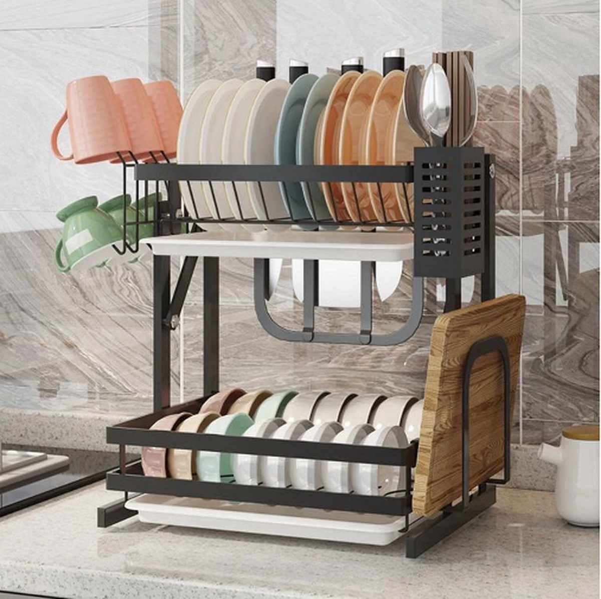 Doogo® Afdruiprek Met Lekbak 2 Laags – Inklapbaar - Muur Hangen Mogelijke - Afwasrek – Met 2 Lekbakken – Extra Accessories Voor Servies En Snijplanken - RVS 13 Doogo® Afdruiprek Met Lekbak 2 Laags – Inklapbaar - Muur Hangen Mogelijke - Afwasrek – Met 2 Lekbakken – Extra Accessories Voor Servies En Snijplanken - RVS - Afbeelding 11