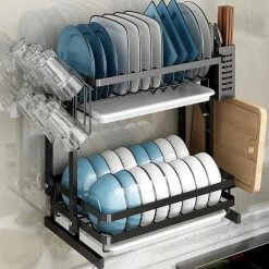 TammaT - Afdruiprek Met Lekbak 2 Laags – Inklapbaar - Afwasrek – Met 2 Lekbakken – Extra Accessories Voor Servies En Snijplanken - RVS - 38x35x26,5cm -Afwasgereedschap Winkel 1200x1200 366