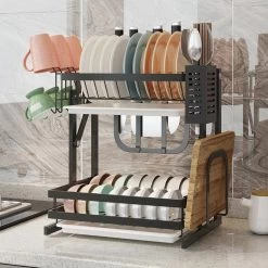 TammaT - Afdruiprek Met Lekbak 2 Laags – Inklapbaar - Afwasrek – Met 2 Lekbakken – Extra Accessories Voor Servies En Snijplanken - RVS - 38x35x26,5cm -Afwasgereedschap Winkel 1200x1200 367