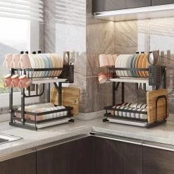 TammaT - Afdruiprek Met Lekbak 2 Laags – Inklapbaar - Afwasrek – Met 2 Lekbakken – Extra Accessories Voor Servies En Snijplanken - RVS - 38x35x26,5cm -Afwasgereedschap Winkel 1200x1200 368