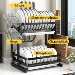 TammaT - Afdruiprek Met Lekbak 2 Laags – Inklapbaar - Afwasrek – Met 2 Lekbakken – Extra Accessories Voor Servies En Snijplanken - RVS - 38x35x26,5cm -Afwasgereedschap Winkel 1200x1200 369