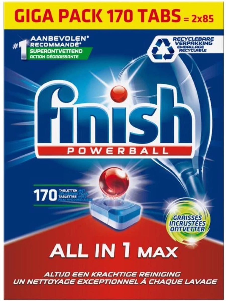 Finish All In 1 Max Ontvetter Vaatwastabletten - 170 Tabs - Voordeelverpakking 3 Finish All In 1 Max Ontvetter Vaatwastabletten - 170 Tabs - Voordeelverpakking